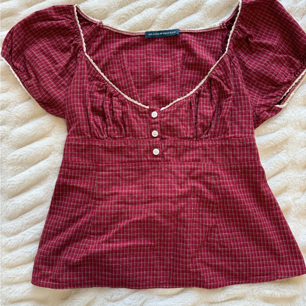 Brandy Melville Burgundy Plaid Square-Neck Puff Sleeve Top